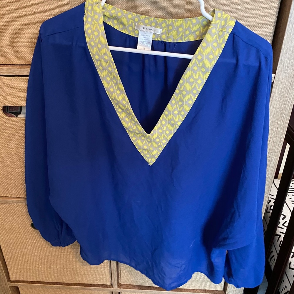 Royal blue blouse with yellow neck detail